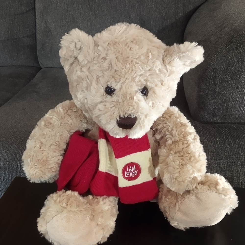 Cream Teddy Bear with Red Scarf